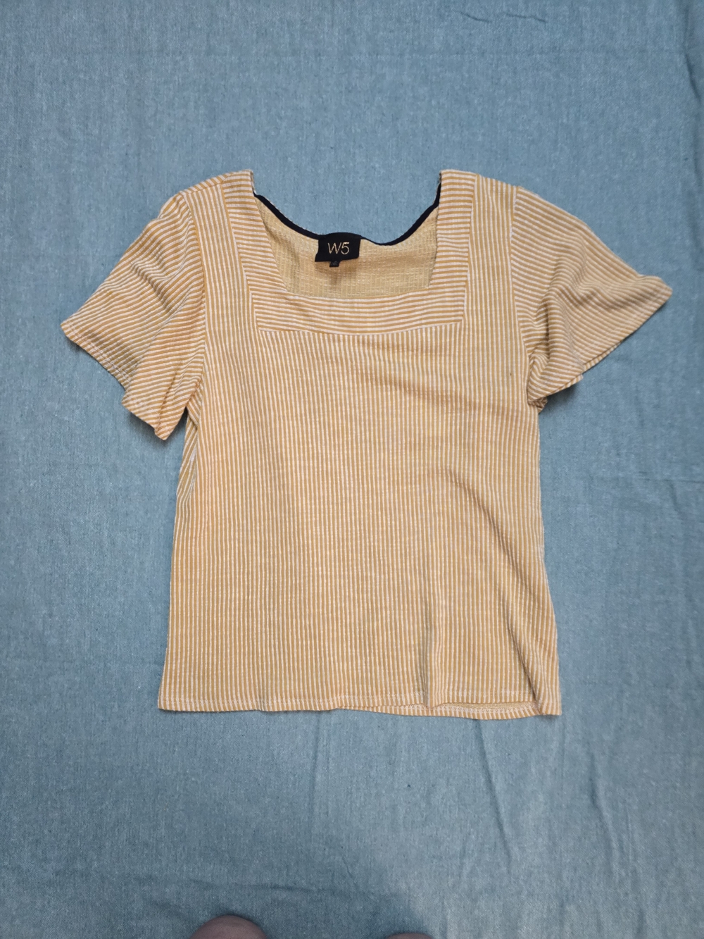 W5 Yellow and White Striped Square Neck Short Sleeve Top - Picture 1 of 3